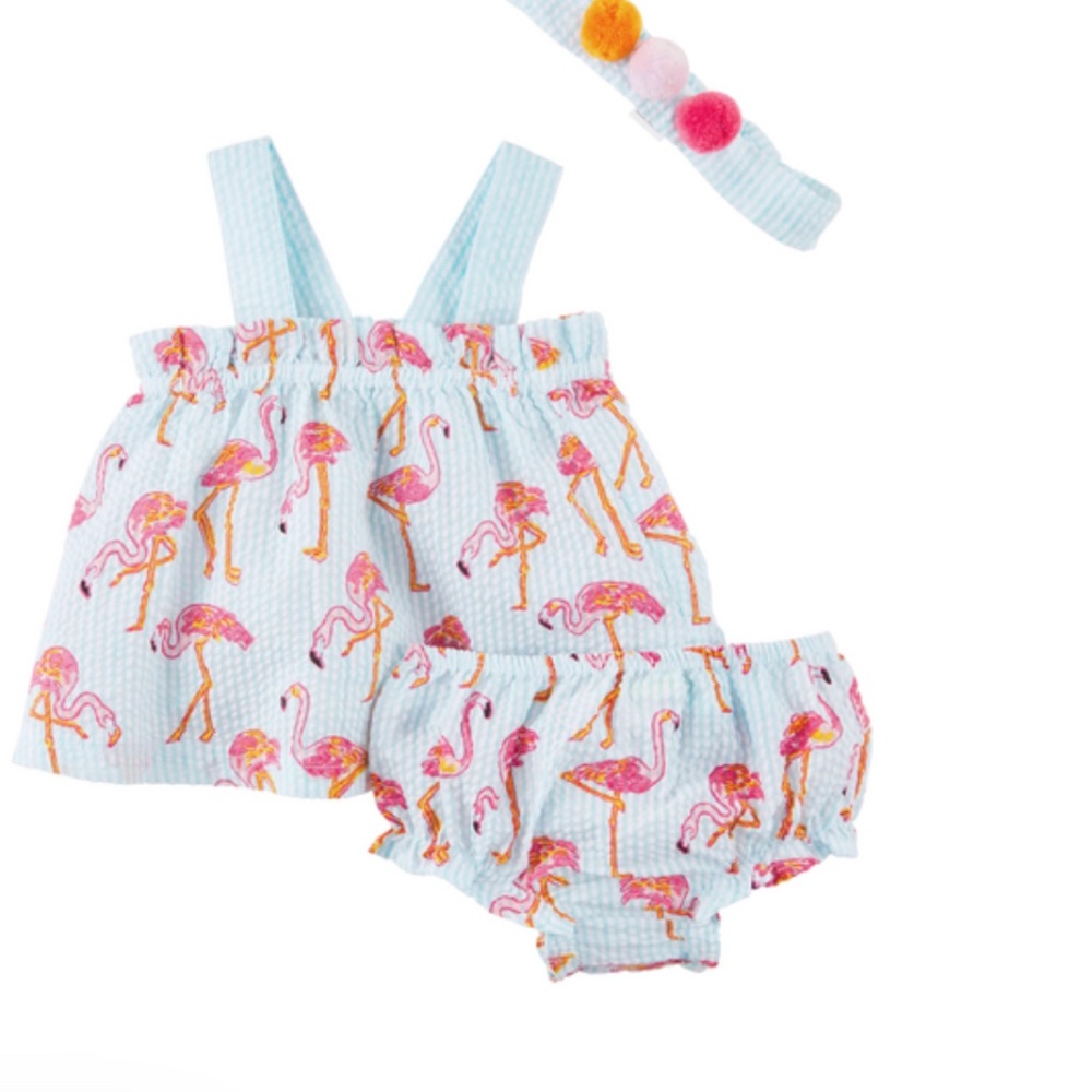 BRAND NEW! Mud Pie Flamingo Pinafore Set with Headband 0-3 Months